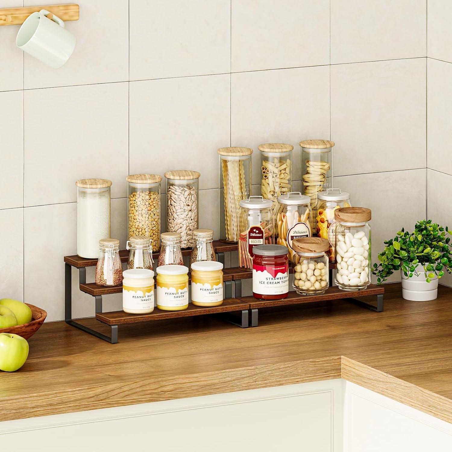Ophelia & Co. 3-Tier Spice Rack, 13.8 Inch Wood Countertop Spice Storage Holder, Kitchen Pantry Cabinet Organizer Cupboard For Spice Bottles, Jars, Seasonings, Baking Supplies, Metal Frame(Set Of 2)