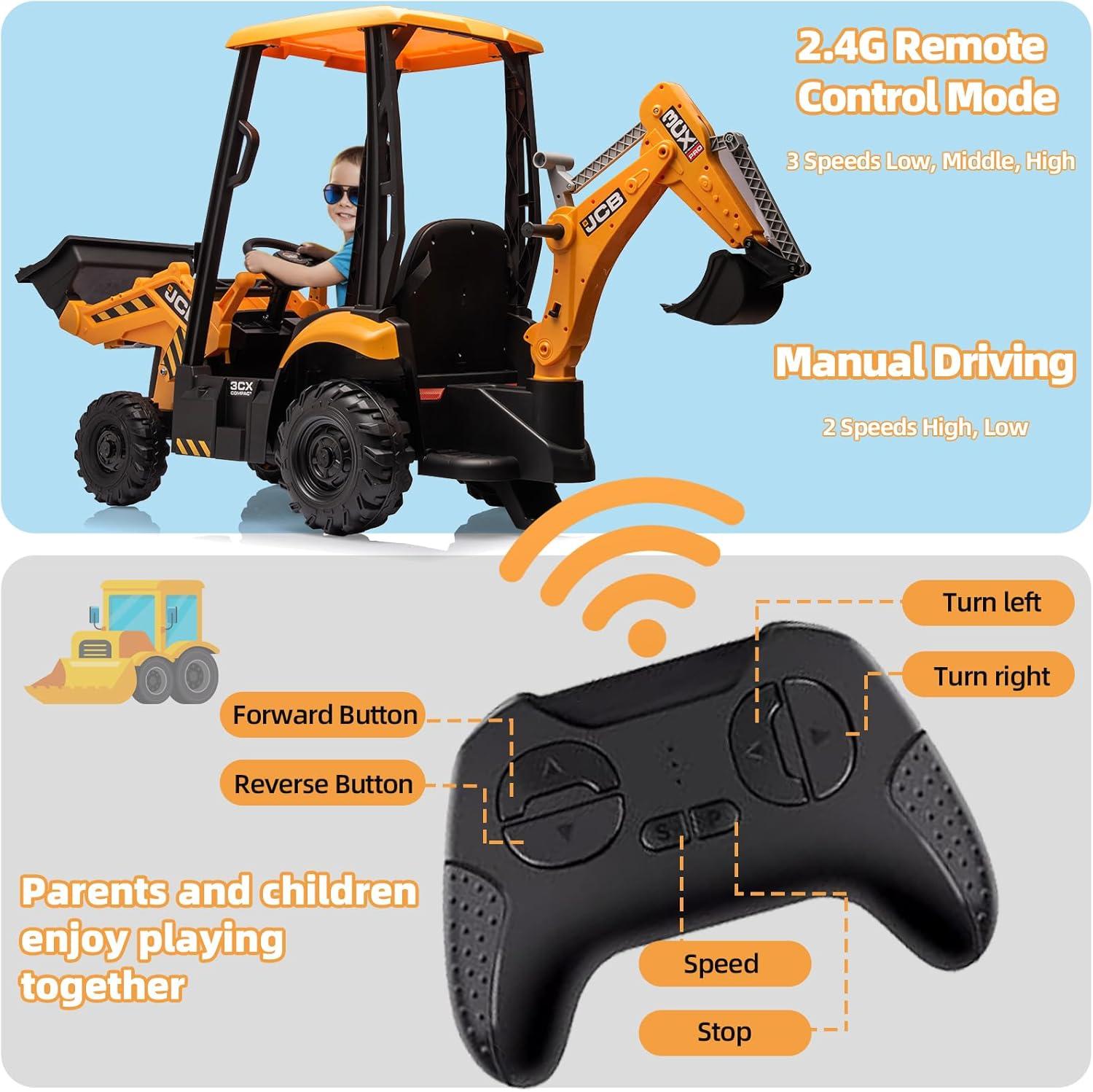 EastVita 12V Ride on Toys Tractor, Kids Ride on Car Toy Excavator Bulldozer, 12V Digger w/Trailer, Shovel Bucket, Digger, Remote Control, EVA Tires, LED Lights, Music, USB