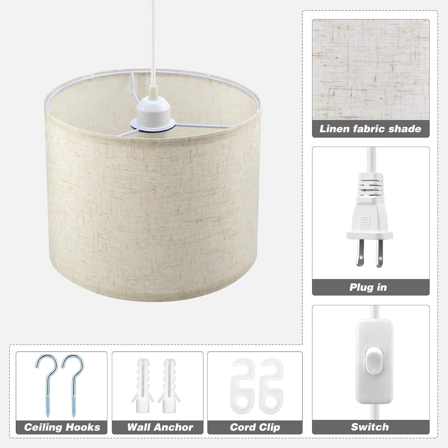 Beige Linen Drum Pendant Light with 15ft Cord and Switch