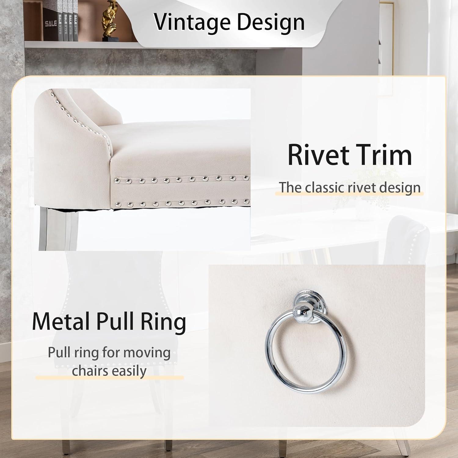 BELLEZE Upholstered Dining Chairs Set of 2, Velvet Luxury Dining Room Chairs with Button Back, Nailhead Trim, Pull-ring, Solid Wood Legs for Kitchen, Living Room, Restaurant - Chandler (Beige)