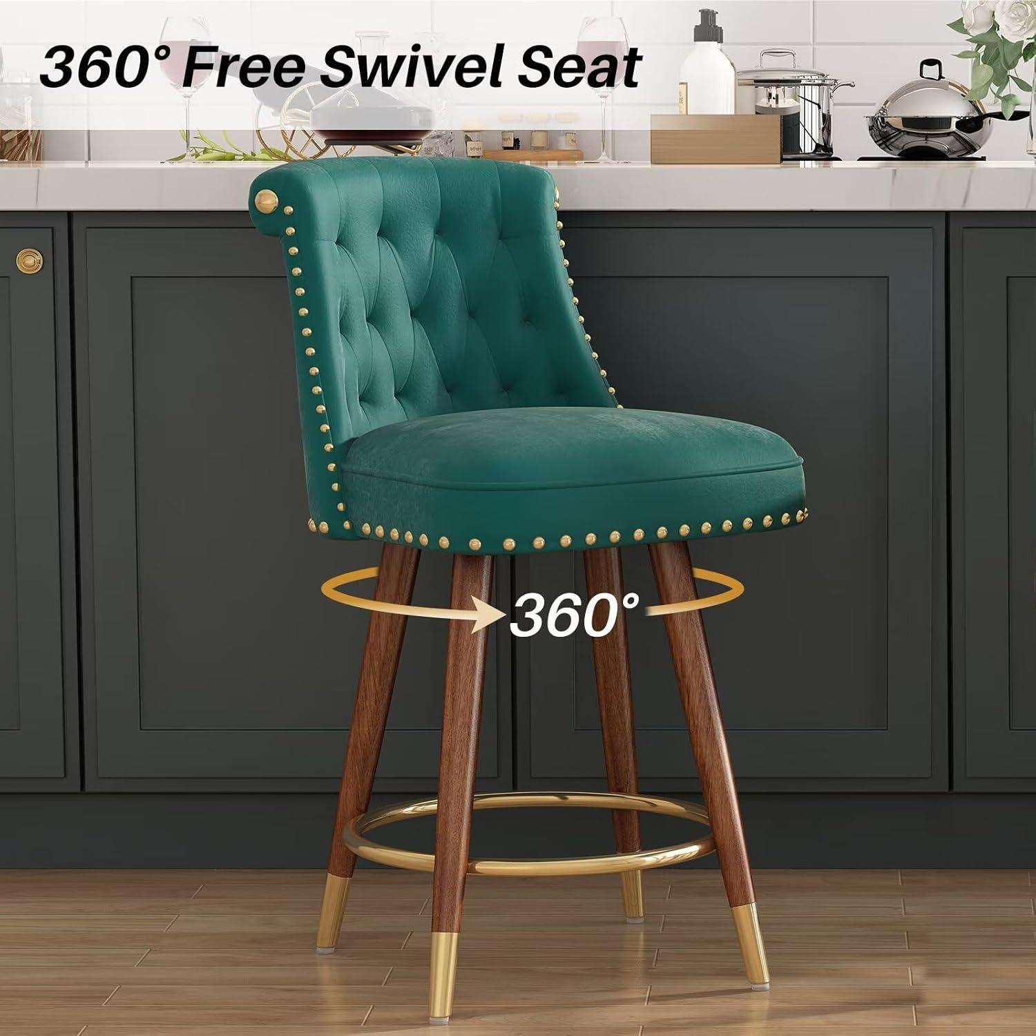 Ninecer 24" Swivel Counter Height Chairs, Elegant Modern Velvet Bar Stools with Solid Rubber Wood Legs, Green (Set of 2)