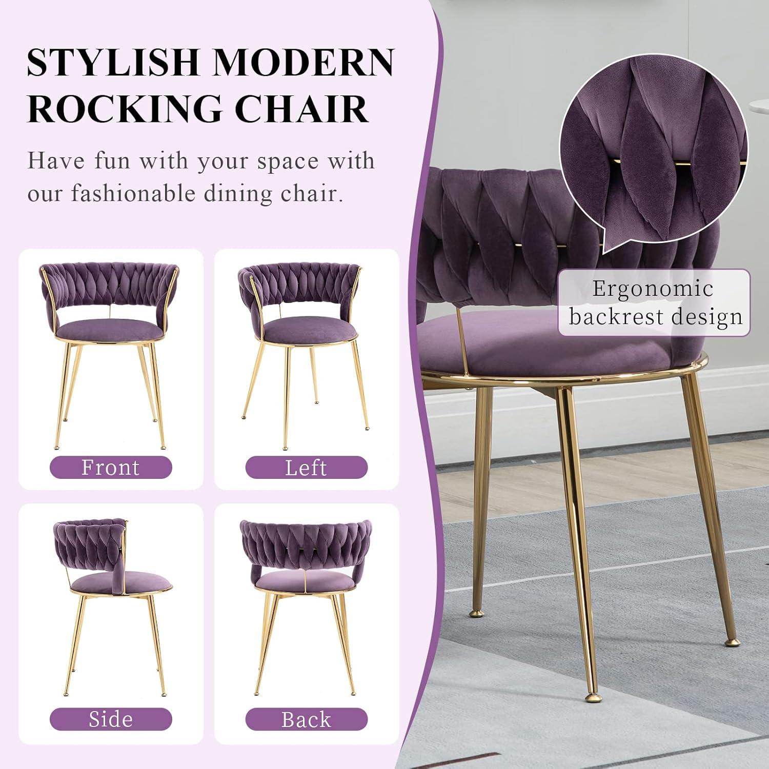 Dining Chair Set of 2, Velvet Woven Upholstered Dining Chair with Gold Metal Legs, Dining Chairs Kitchen Chairs for Dining Room, Kitchen, Vanity, Living Room, Purple