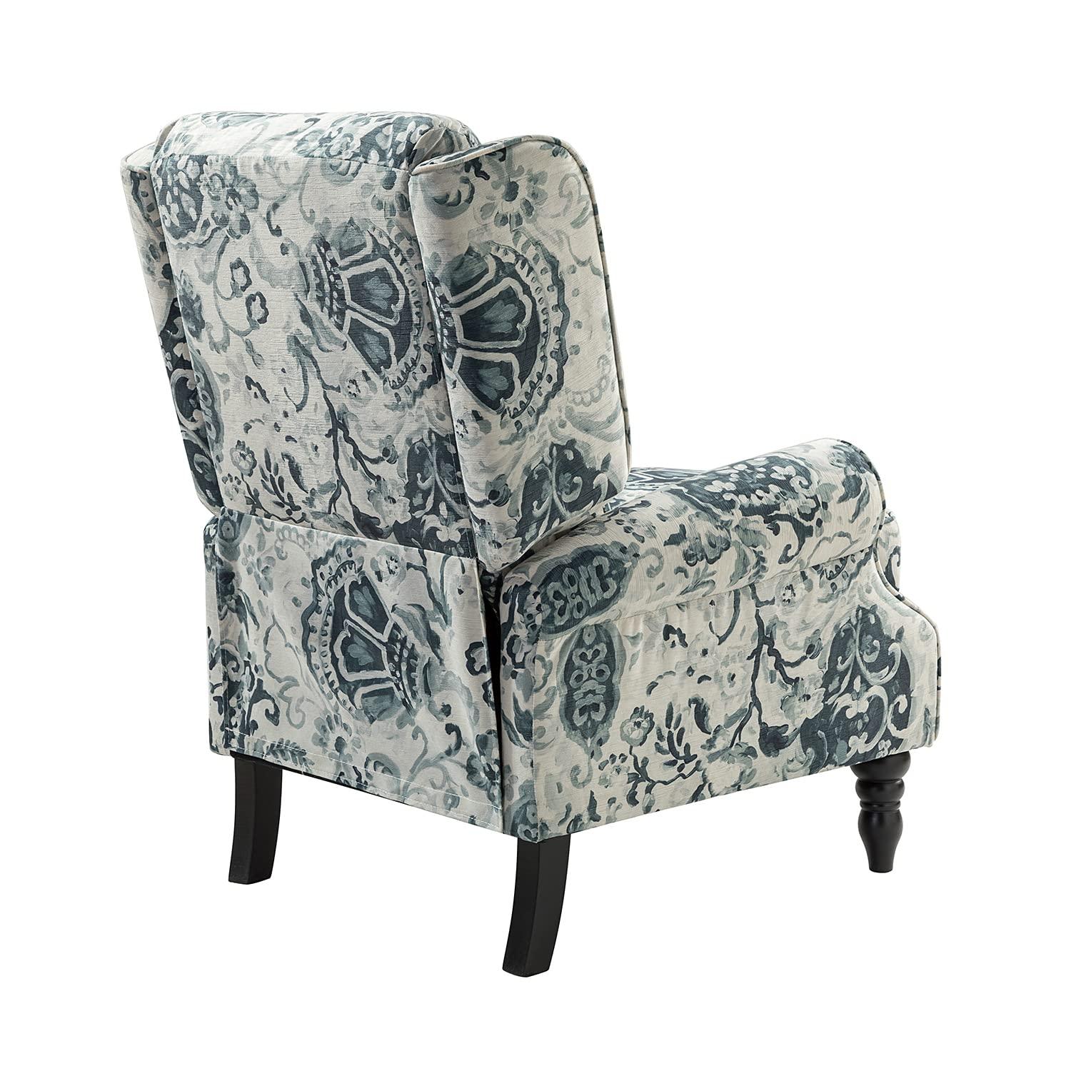 Floral Blue and White Upholstered Wingback Recliner with Rubber Wood Legs