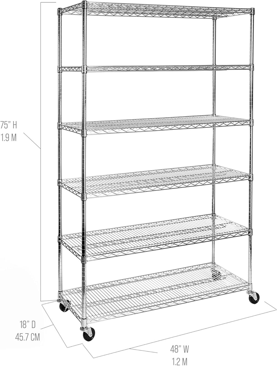 Seville Classics UltraDurable Commercial-Grade 6-Tier NSF-Certified Steel Wire Shelving with Wheels, 48" x 18", Silver