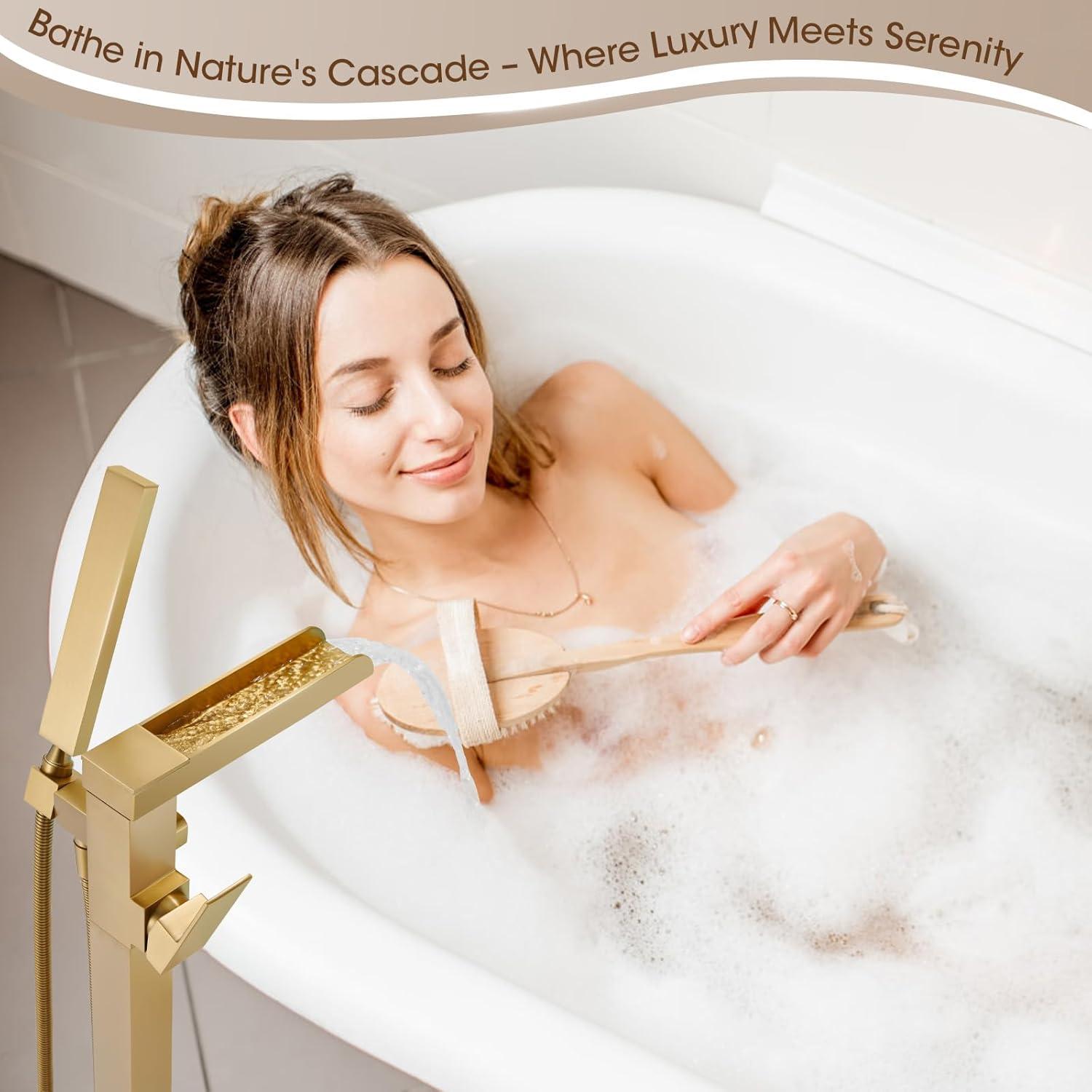 AlenArtWater Waterfall Tub Filler Freestanding Bathtub Faucet Floor Mount Brass Single Handle Bathroom Faucets with Hand Shower 94-LJQKCZ