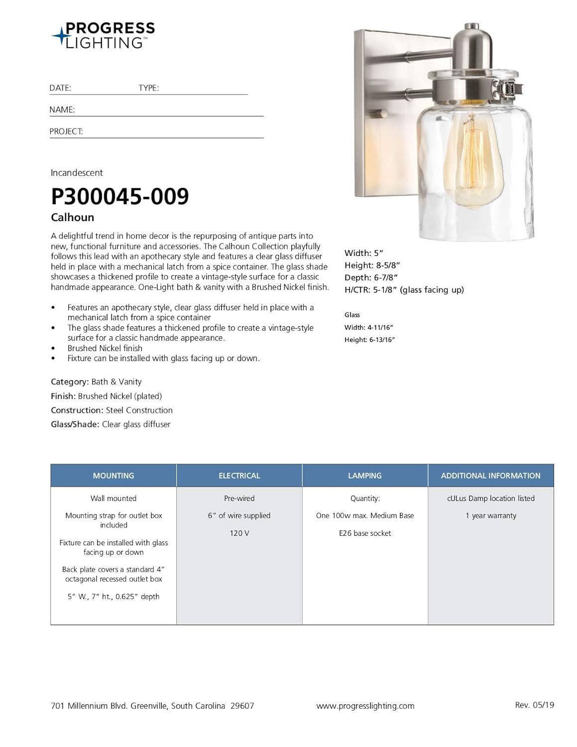 Progress Lighting Calhoun Collection 1-Light Bath & Vanity Wall Light, Brushed Nickel, Clear Glass Shade