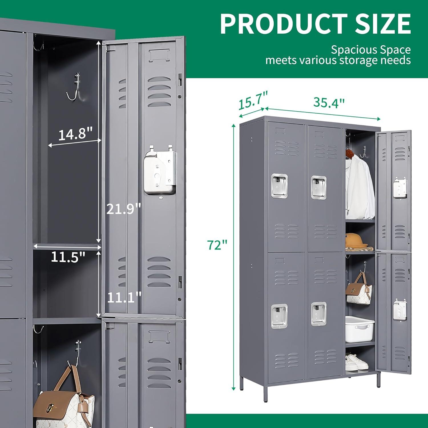 6 Door 72"H Metal Lockers With Lock for Employees, Storage Locker Cabinet - Ideal for Home Gym Office School Garage - Gray