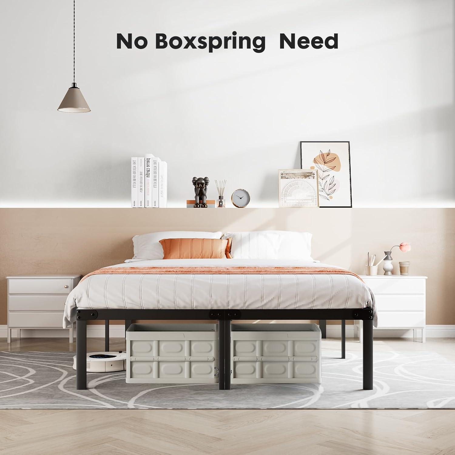 Queen Size Black Metal Bed Frame with Storage and Slats