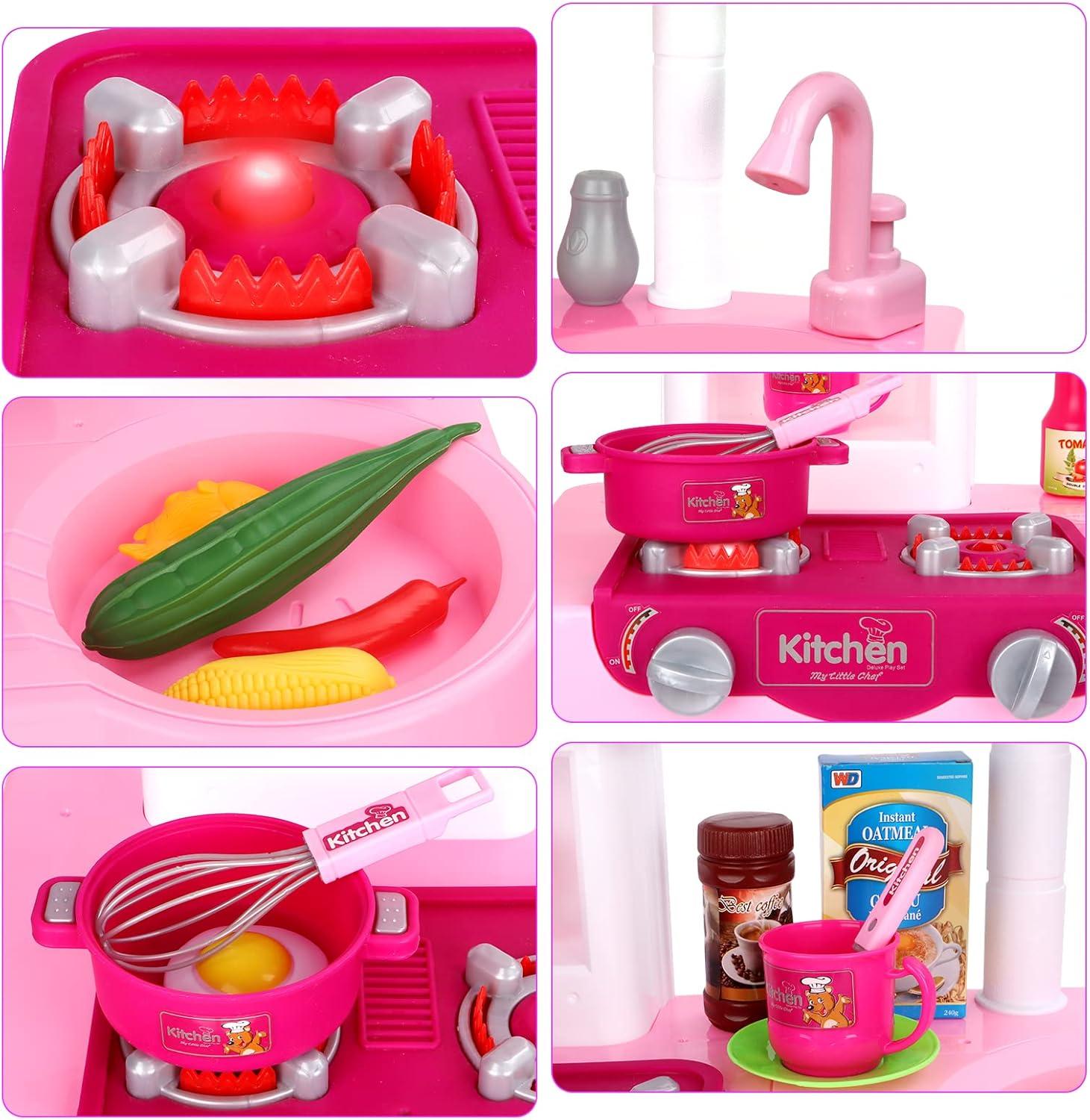 Wellsay Kitchen Playset Toy Pretend Food with Sounds and Lights Role Playing Game Pretend Food Playset for Toddlers,Pink
