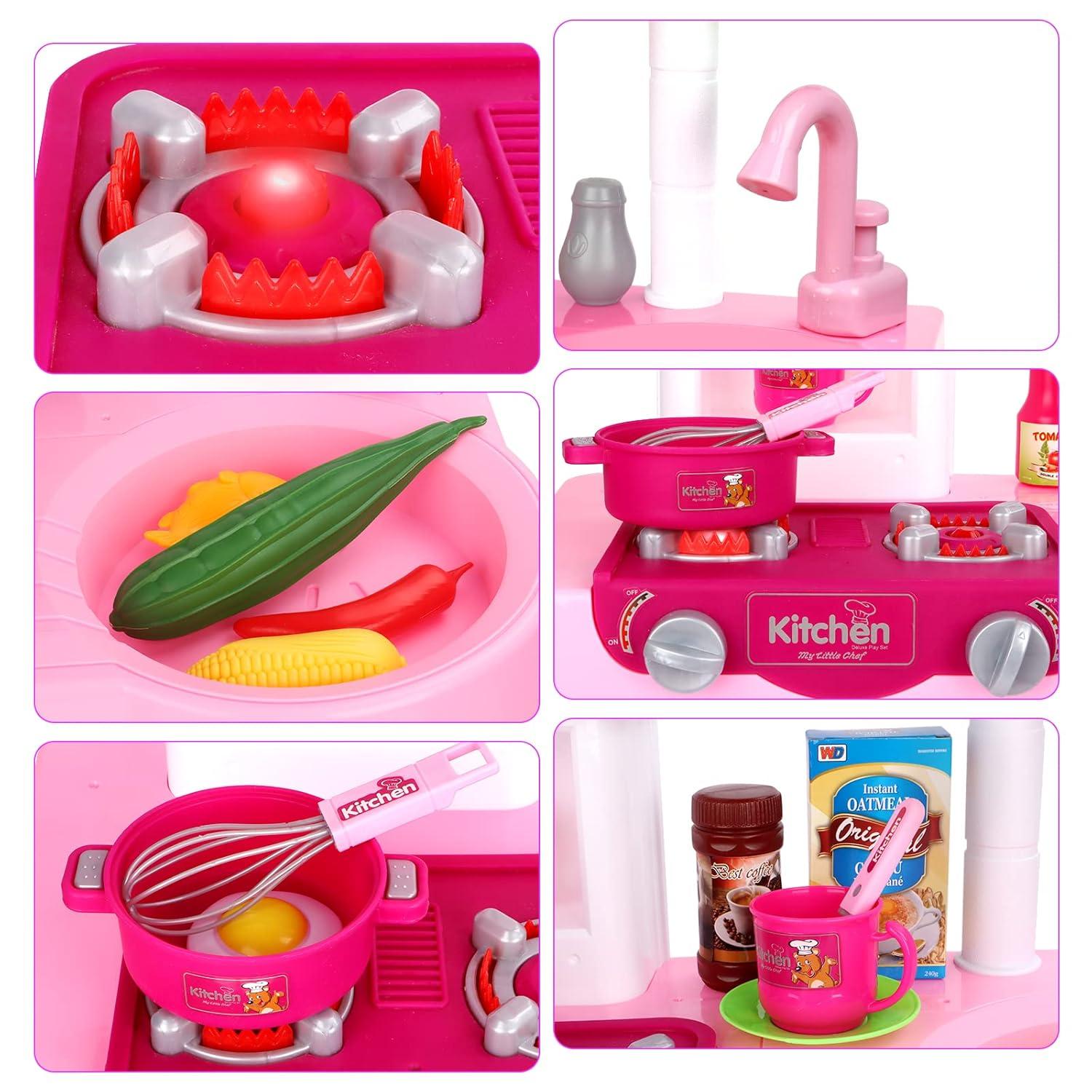 Wellsay Kitchen Playset Toy Pretend Food with Sounds and Lights Role Playing Game Pretend Food Playset for Toddlers,Pink