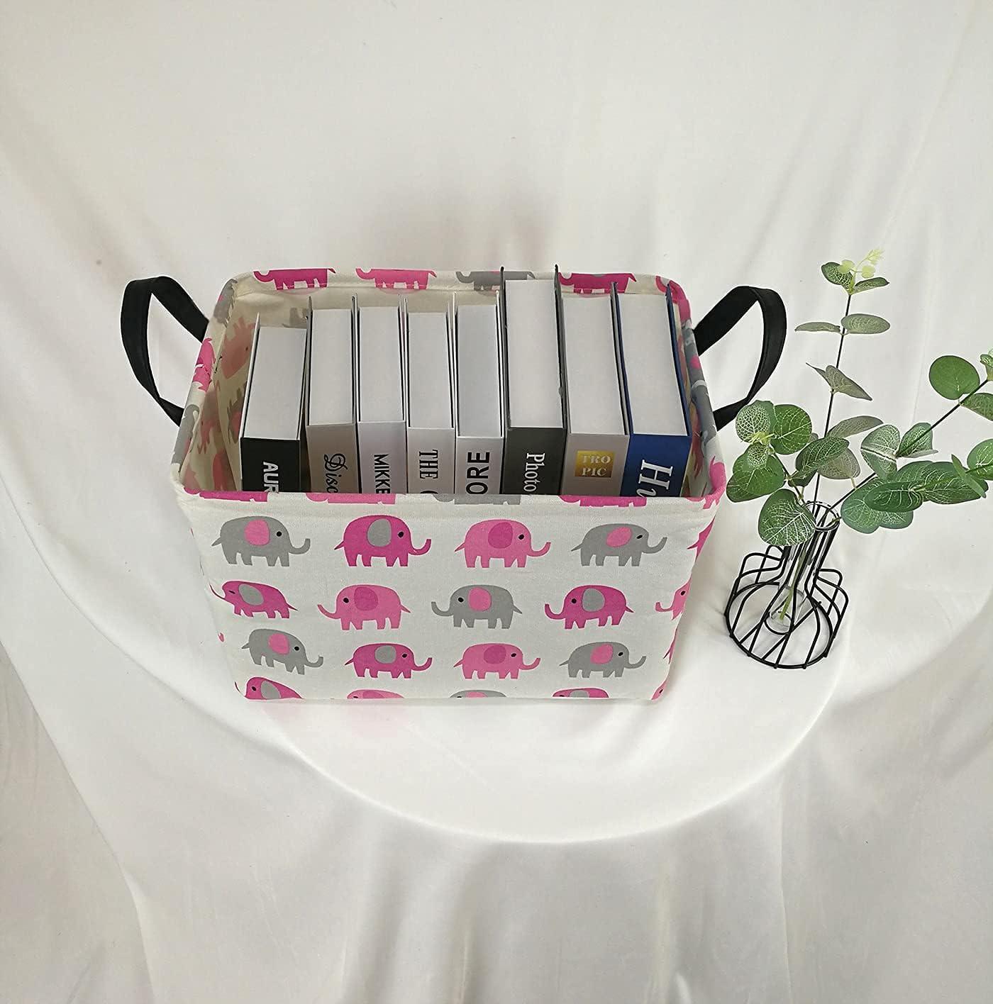 Elephant Print Rectangular Storage Bin Shelf Basket Canvas Fabric Toy Box,Waterproof Coating Nursery Hamper with Handles,Gift Basket for Home,Office,Clothes,Books(pink grey elephant)