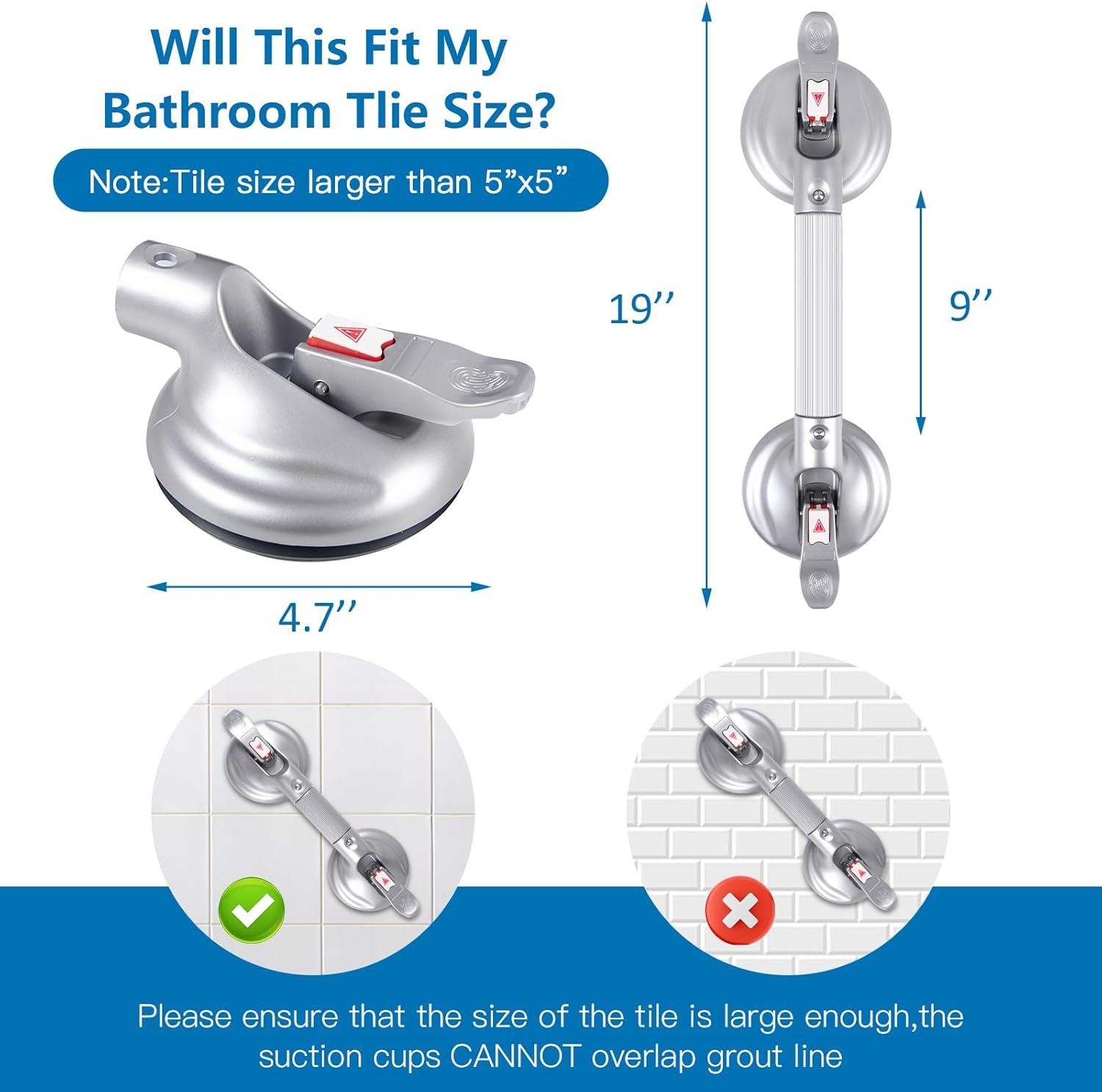 19-Inch Shower Handle - Upgraded Grab Bar with Strong Suction Cups for Bathtub & Shower Safety, Ideal for Seniors, Elderly, Disabled，Silver