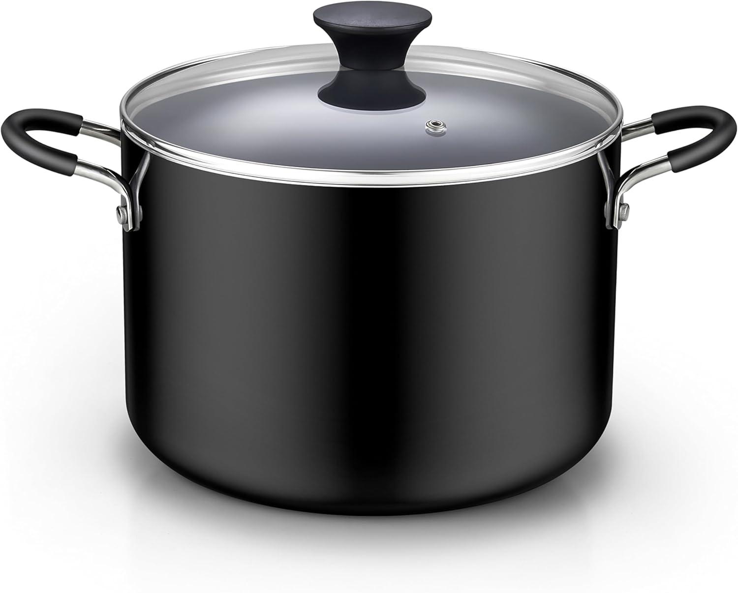 8-Quart Black Aluminum Nonstick Stockpot with Glass Lid