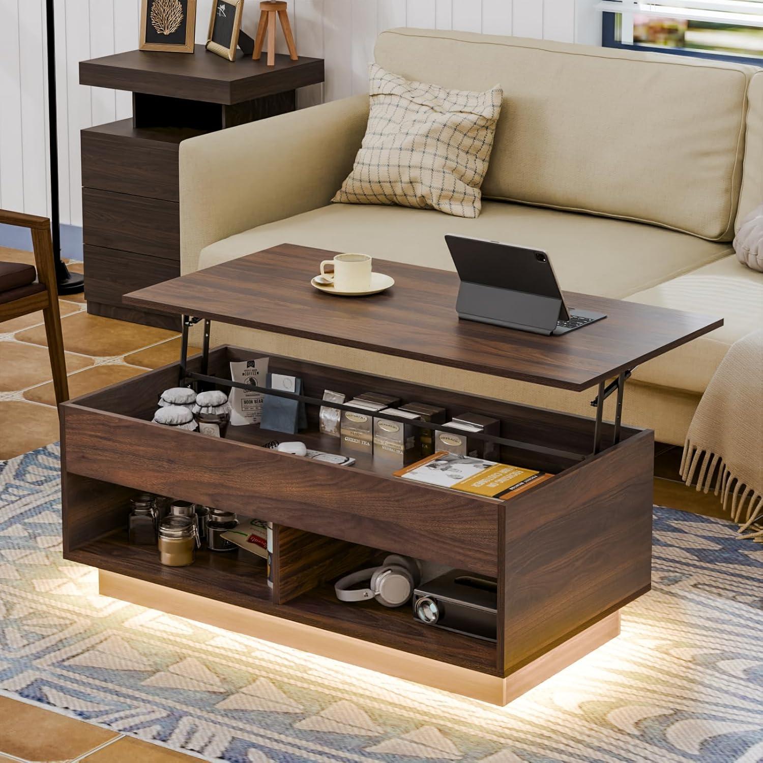 Hommpa Lift Top Coffee Table with Hidden Compartment LED Coffee Tables Dark Walnut Center Rising Cocktail Table for Living Room Accent Furniture