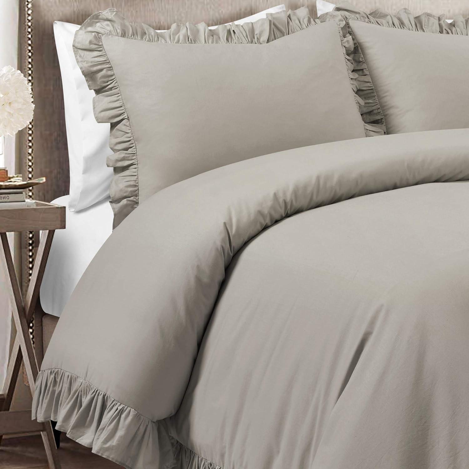 King Gray Cotton Ruffled Duvet Cover Set