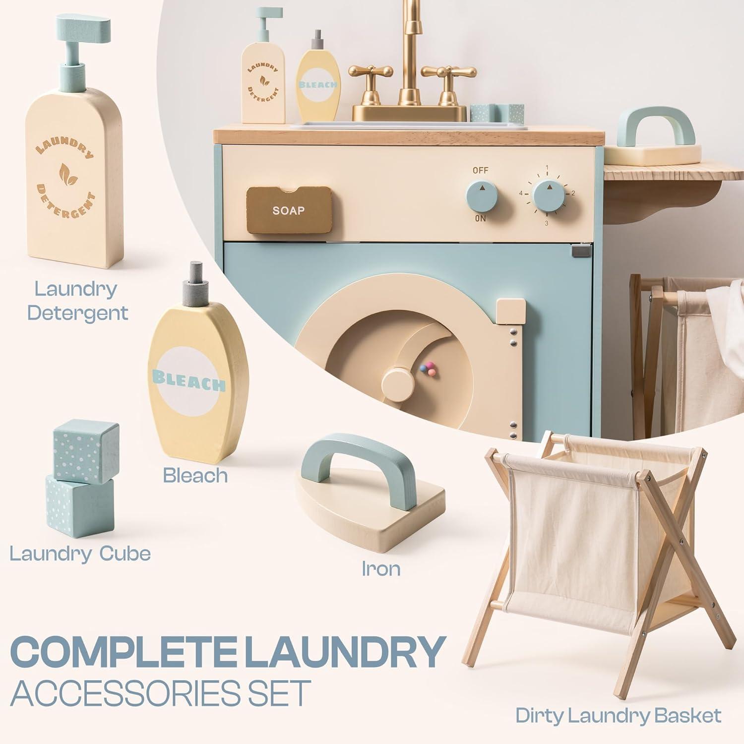 ROBOTIME Toy Kitchen Washer Playset, Wooden Toy Washing Machine for Kids with Clothes Basket, Iron and Sink, Pretend Toddlers Kitchen Toy with Accessories for Ages 3+