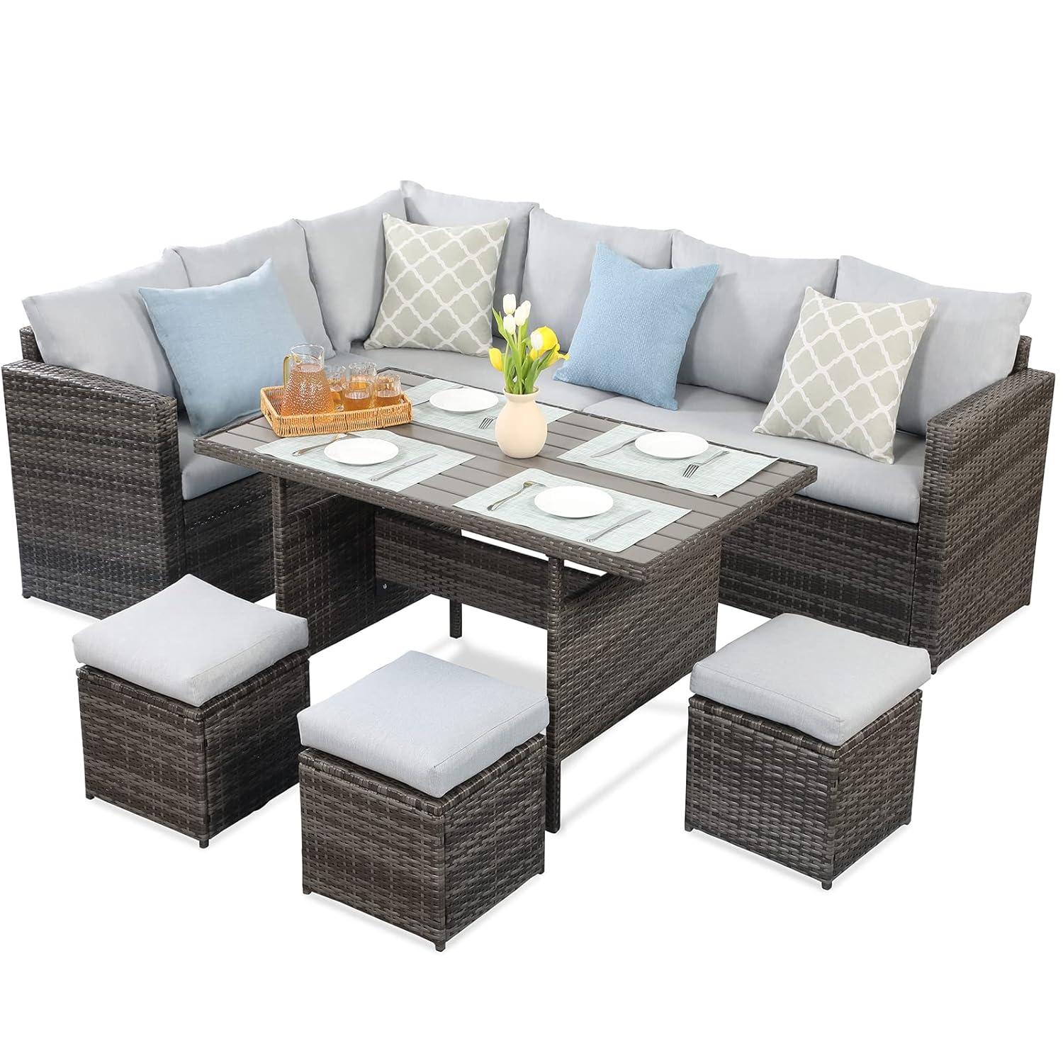 CozyHom 7 Pcs Outdoor Patio Sectional Dining Table Furniture Sofa Sets All Weather PE Wicker Rattan Conversation Set With Ottoman and Cushions, Gray