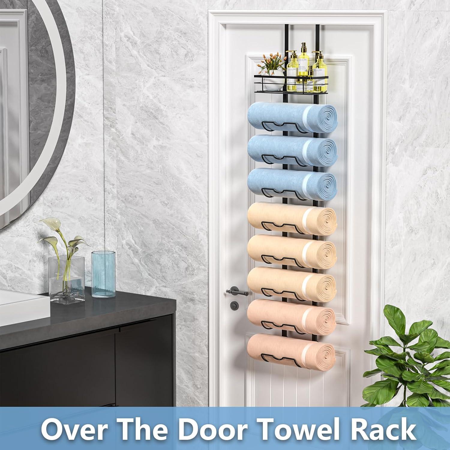 9-Tier Over The Door Towel Rack,Towel Racks for Bathroom, Metal Towel Holder with Storage Basket,Towel Storage for Small Bathroom,Towel Rack for Rolled Towels,Black