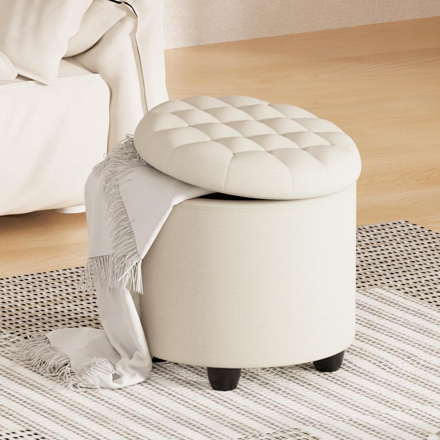 Furniliving Upholstered Round Storage Ottoman Large Tufted Ottoman with Removable Lid Footrest Stool for Living Room, Bedroom, Beige