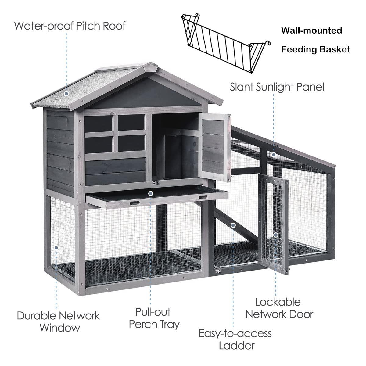Tangkula Rabbit Hutch Indoor Outdoor Wooden Chicken Coop Bunny Hutch with Run Ventilation Door Removable Tray Ramp Sunlight Panel