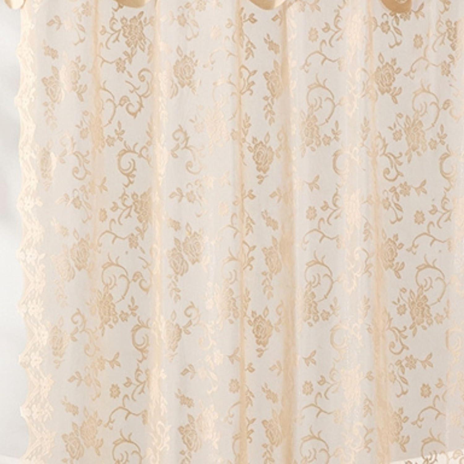 HLC.ME Harper Lace Shower Curtain for Bathroom with Floral Vine Design and Attached Valance- Elegant Victorian Classic Style - Linen, 72" W x 72" L