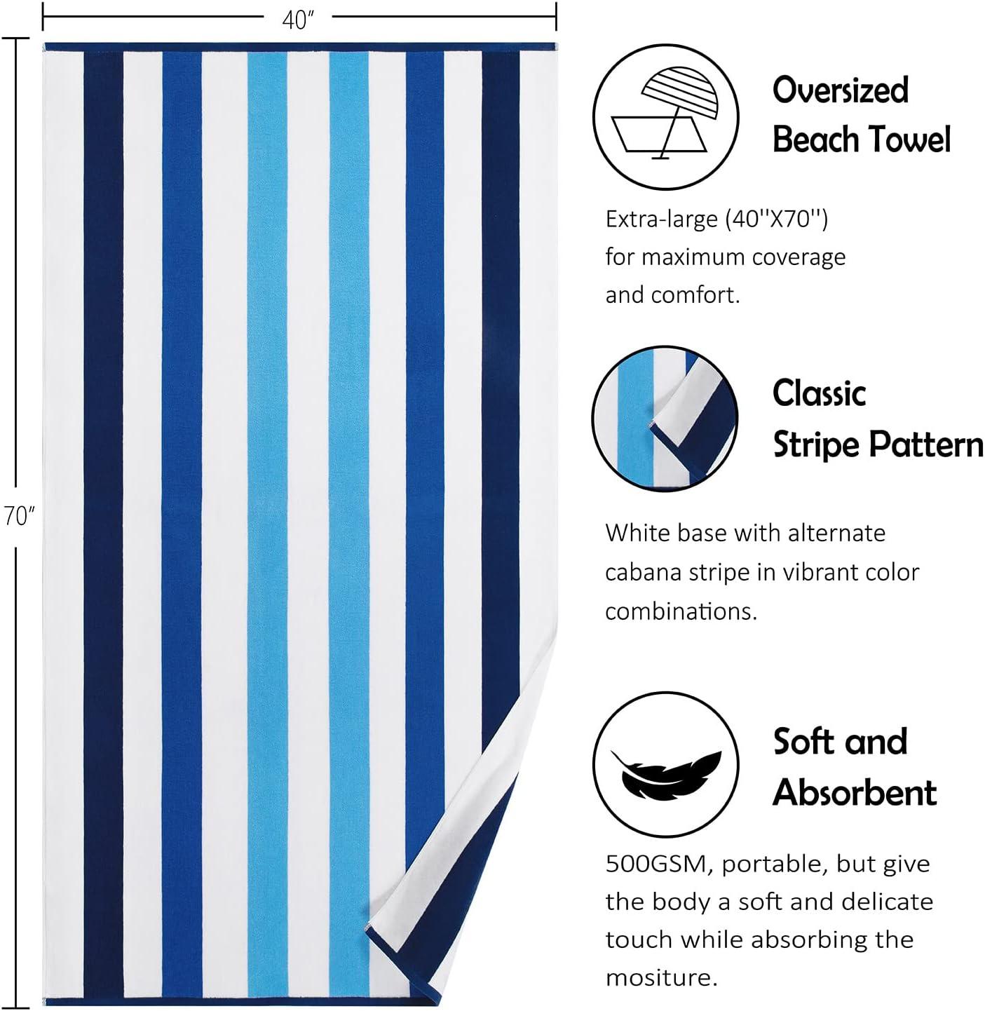 Cotton Oversized Beach Towel - Extra Large 40"X70" Plush Thick Pool Towel, XL Fluffy Multi Blue Beach Towels Stripe Swimming Towel for Adults Mens Women
