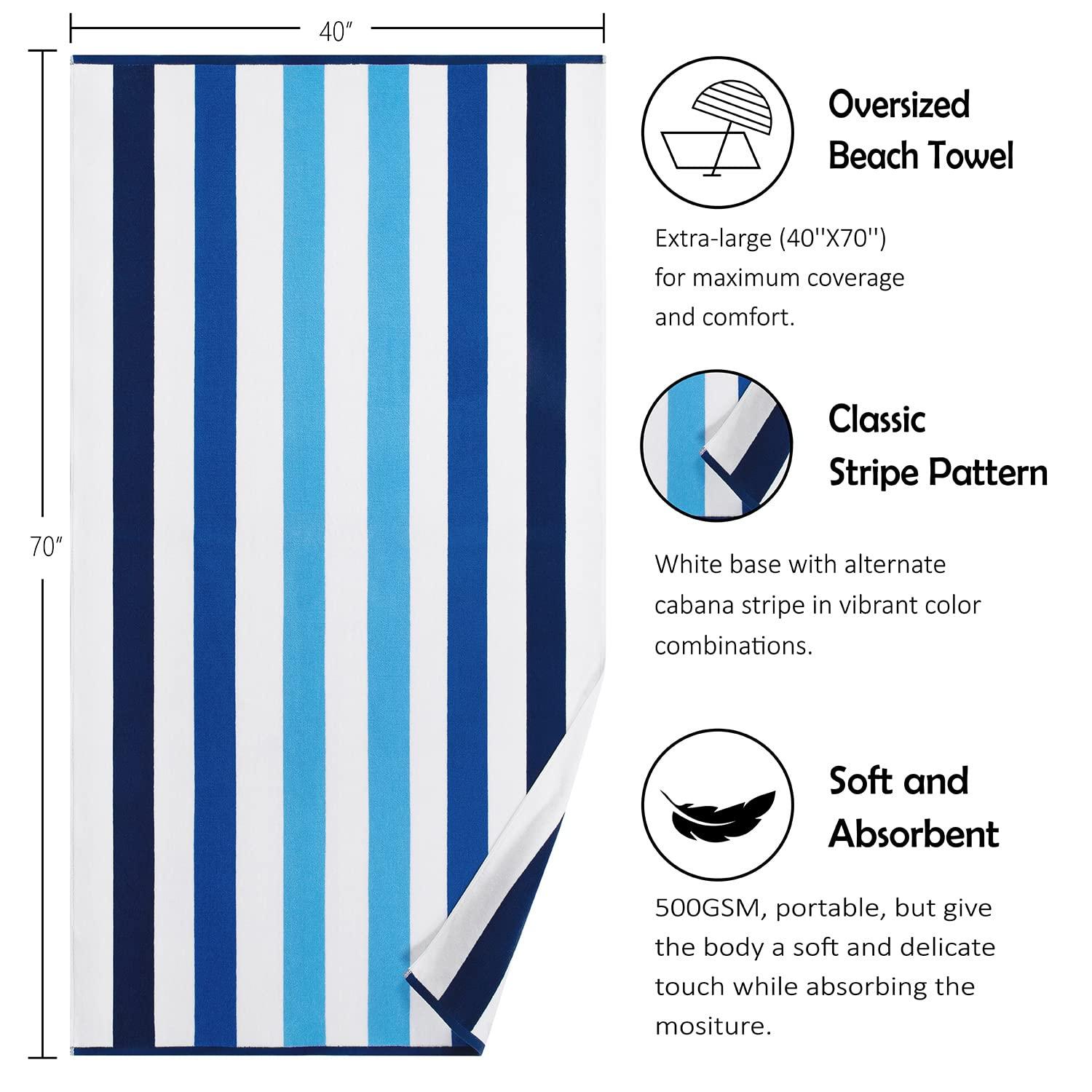 Cotton Oversized Beach Towel - Extra Large 40"X70" Plush Thick Pool Towel, XL Fluffy Multi Blue Beach Towels Stripe Swimming Towel for Adults Mens Women