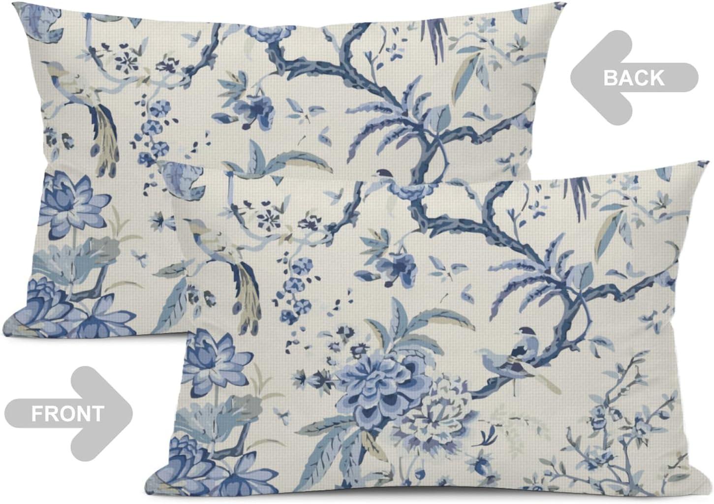 Chinoiserie Lumbar Pillow Covers 12 x 20 Set of 2 Birds Floral Linen Throw Pillow Cover Vintage White and Blue Farmhouse Decorative Pillowcases for Living Room Couch Bed Sofa Outdoor