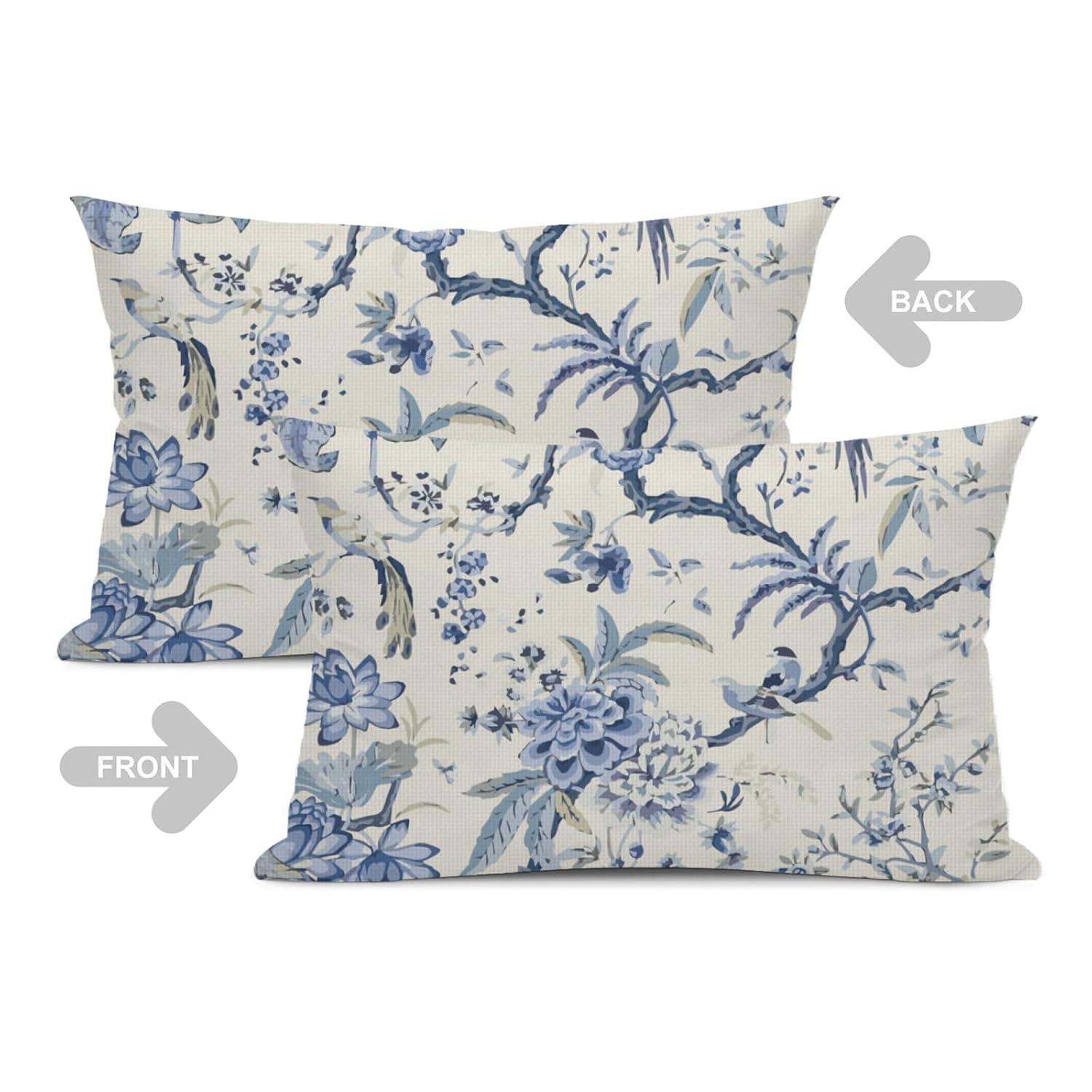Chinoiserie Lumbar Pillow Covers 12 x 20 Set of 2 Birds Floral Linen Throw Pillow Cover Vintage White and Blue Farmhouse Decorative Pillowcases for Living Room Couch Bed Sofa Outdoor
