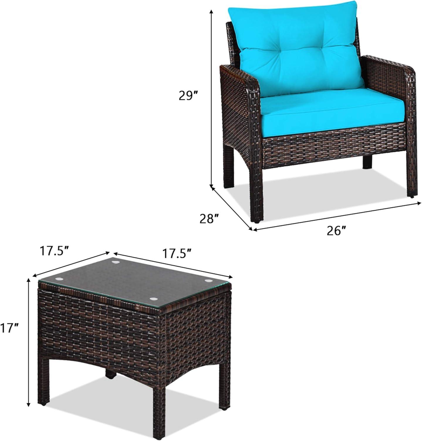 YYAo Garden Conversation Table Set, Conversation Loveseat Chairs Set, 3 Pcs Outdoor Patio Rattan Conversation Set with Seat Cushions-Turquoise