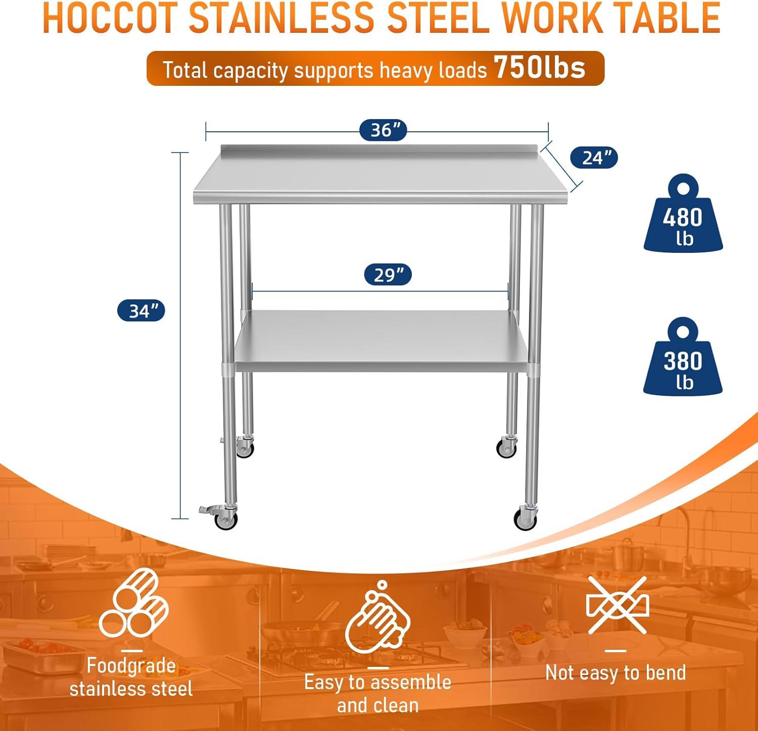 36"x24" Stainless Steel Kitchen Work Prep Table Commercial Workbench With Wheels