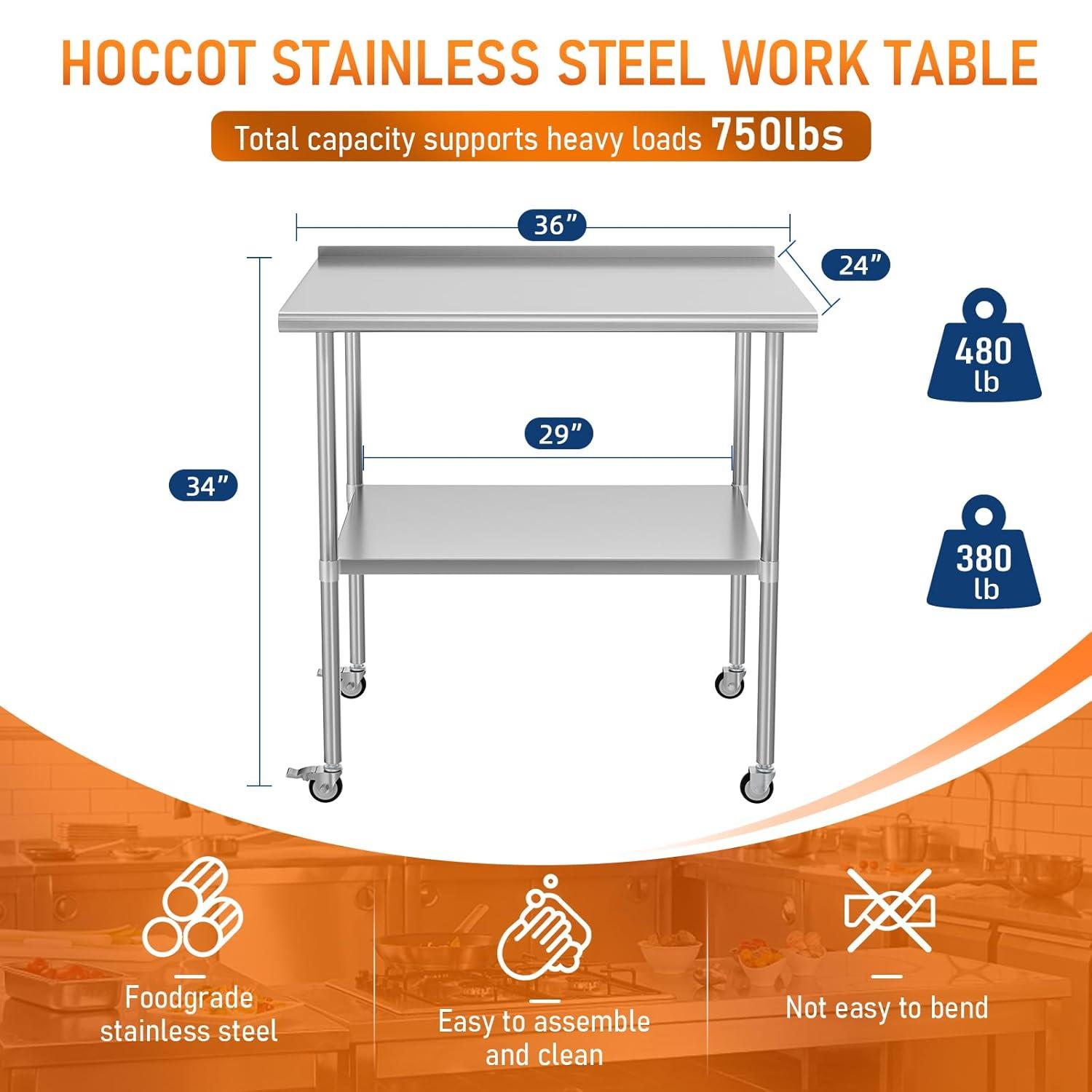 36"x24" Stainless Steel Kitchen Work Prep Table Commercial Workbench With Wheels