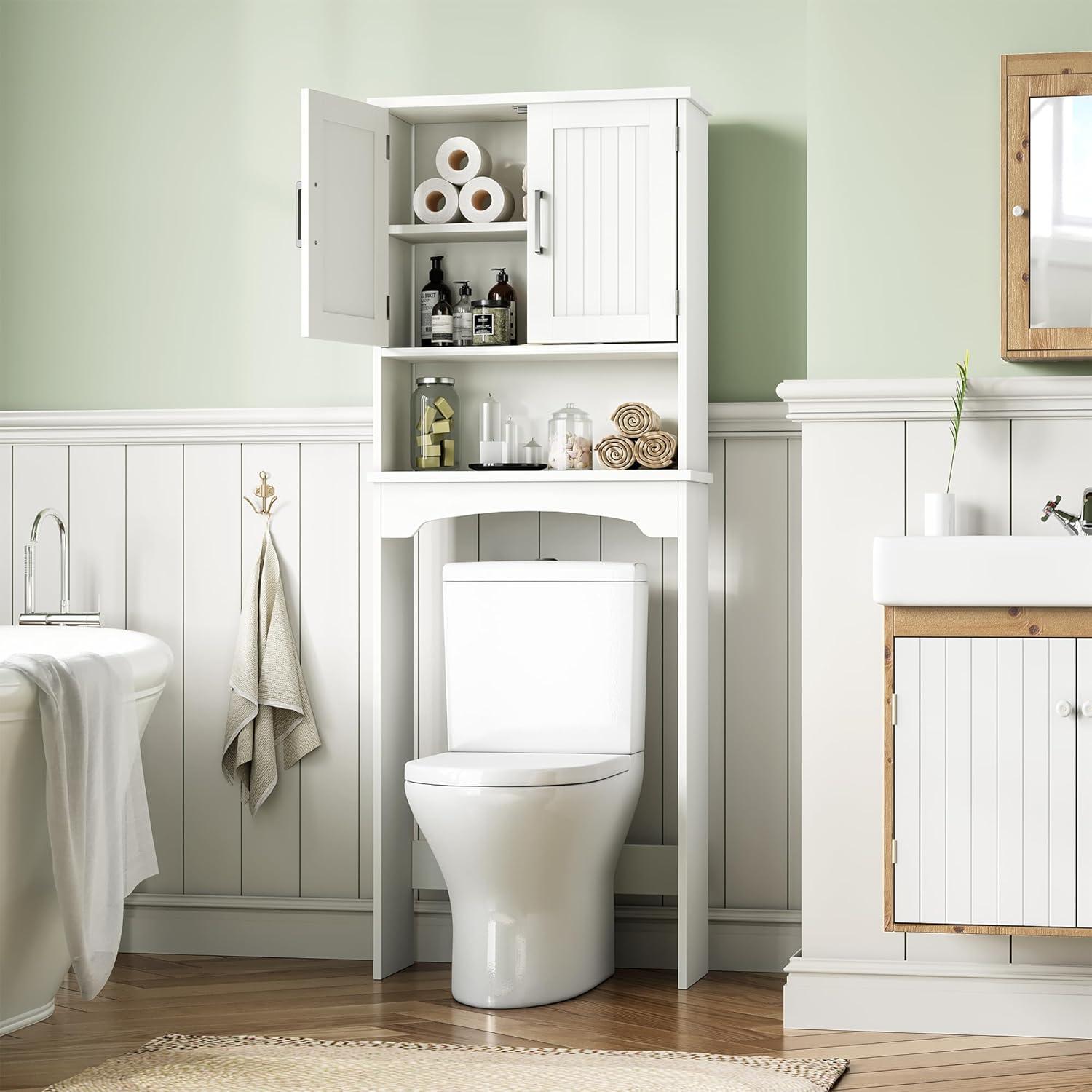 Over The Toilet Storage Cabinet with Double Doors and Anti-Tip Device