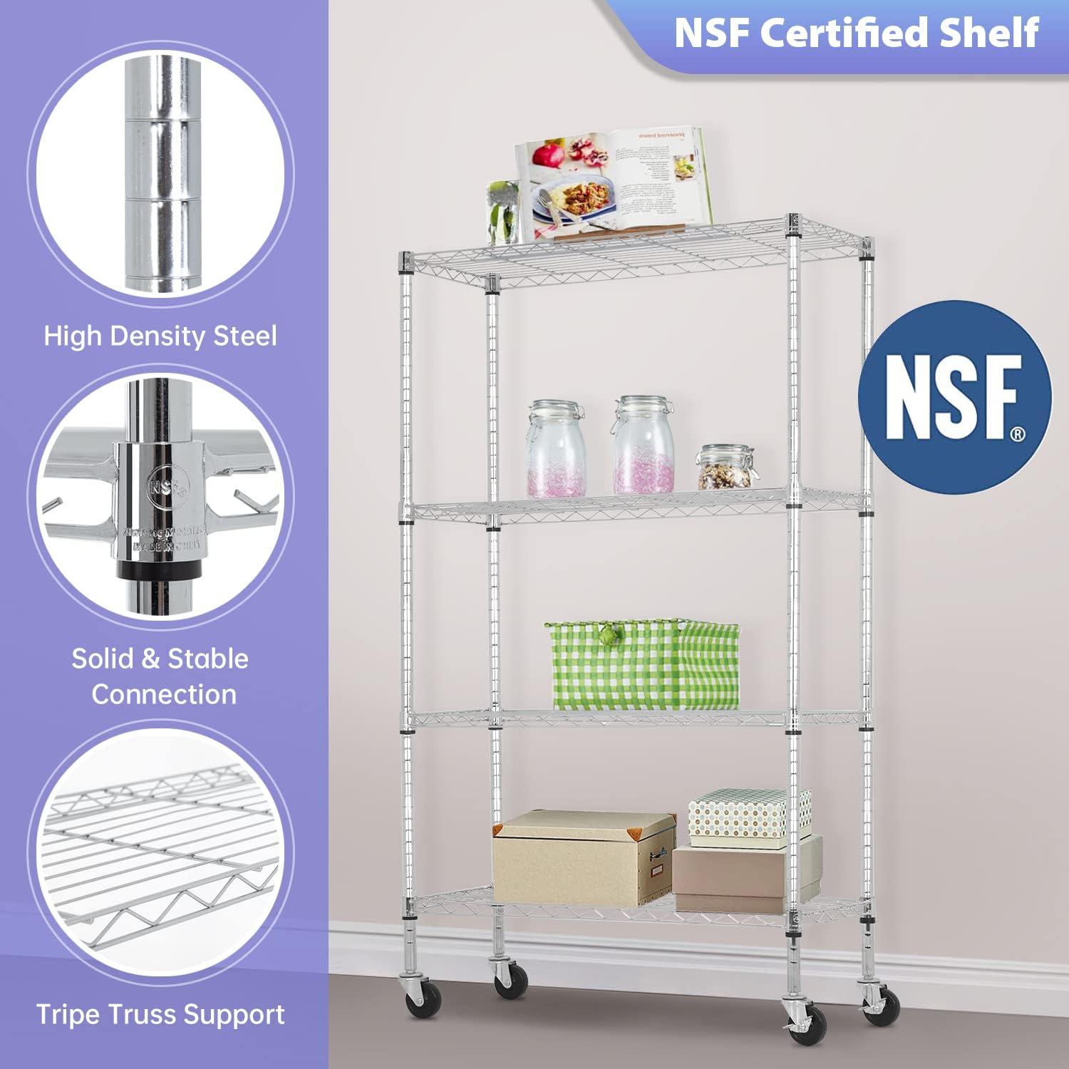 FDW 4-Tier Wire Storage Rack Adjustable NSF Heavy Duty Unit on 3” Wheel Casters Commercial 36L x 14W x 62H,Chrome