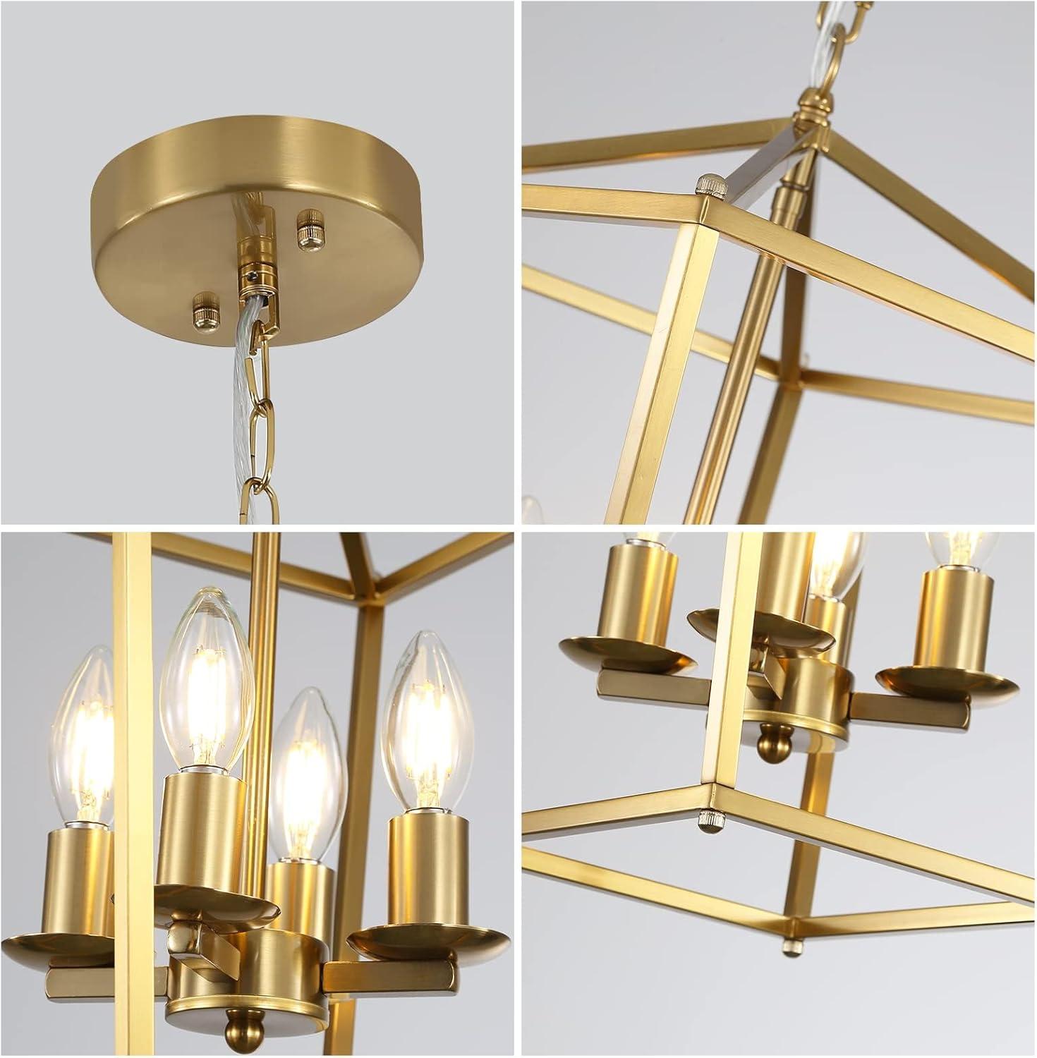 Rustic Lantern Chandeliers 4-Light Ceiling Cage Hanging Lights Gold Pendant Light Fixtures for Kitchen Island Dining Room Farmhouse Entryway Foyer