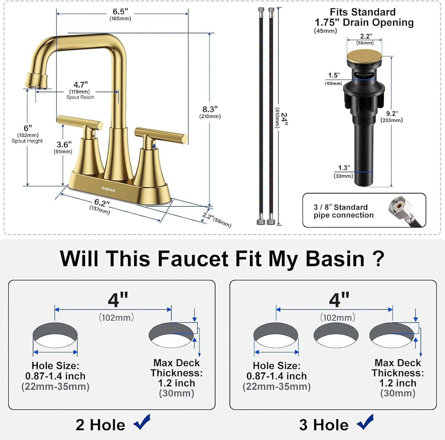Bathroom Sink Faucet, Hurran 4 inch Brushed Gold Bathroom Faucets for Sink 3 Hole with Pop-up Drain and Supply Hoses, 360 Swivel Spout 2-Handle Centerset Faucet for Vanity RV Farmhouse