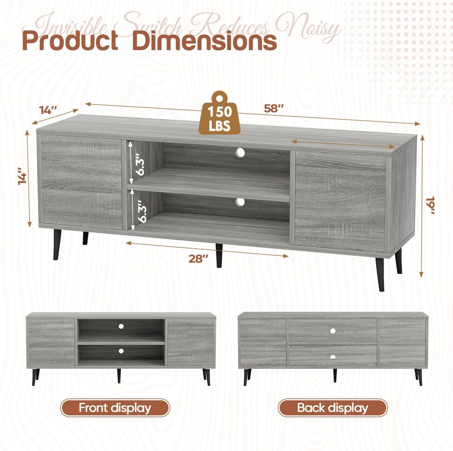 Modern Gray Wood TV Stand with Cabinets and Pop-up Doors