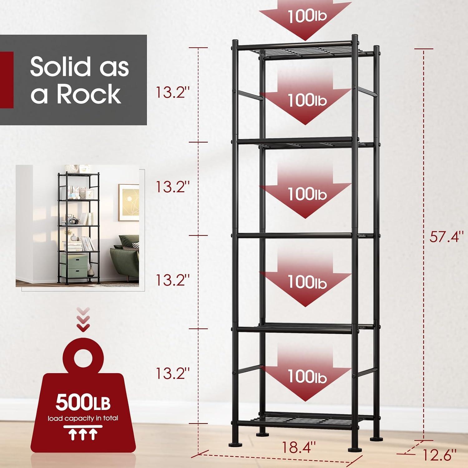 Storage Shelves - 5 Tier Shelf Organizer, Heavy Duty Garage Shelving Unit with Leveling Feet, Stable Metal Shelves Organizer for Pantry, Kitchen and Closet, 33.1" W X 12.6" D X 72.0" H, Black