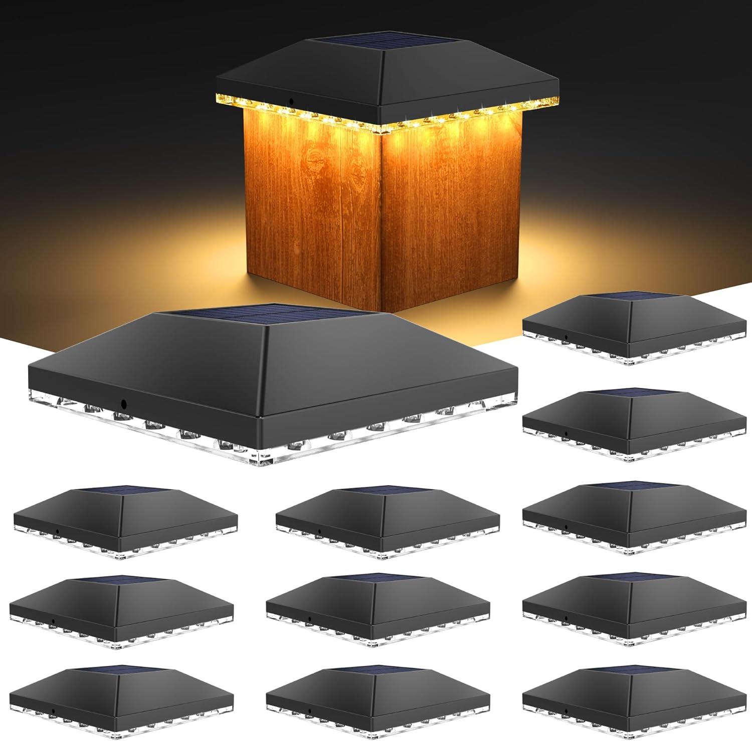 VOLISUN 4x4 Solar Fence - Post Lights Outdoor Waterproof 12pack, Deck Cap Light for 4x4 Wooden/4x4 Vinyl,Black Solar Fence Post Cap Light for Garden/Patio/Porch