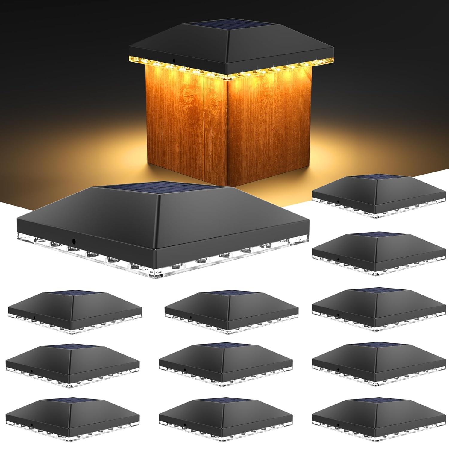VOLISUN 4x4 Solar Fence - Post Lights Outdoor Waterproof 12pack, Deck Cap Light for 4x4 Wooden/4x4 Vinyl,Black Solar Fence Post Cap Light for Garden/Patio/Porch