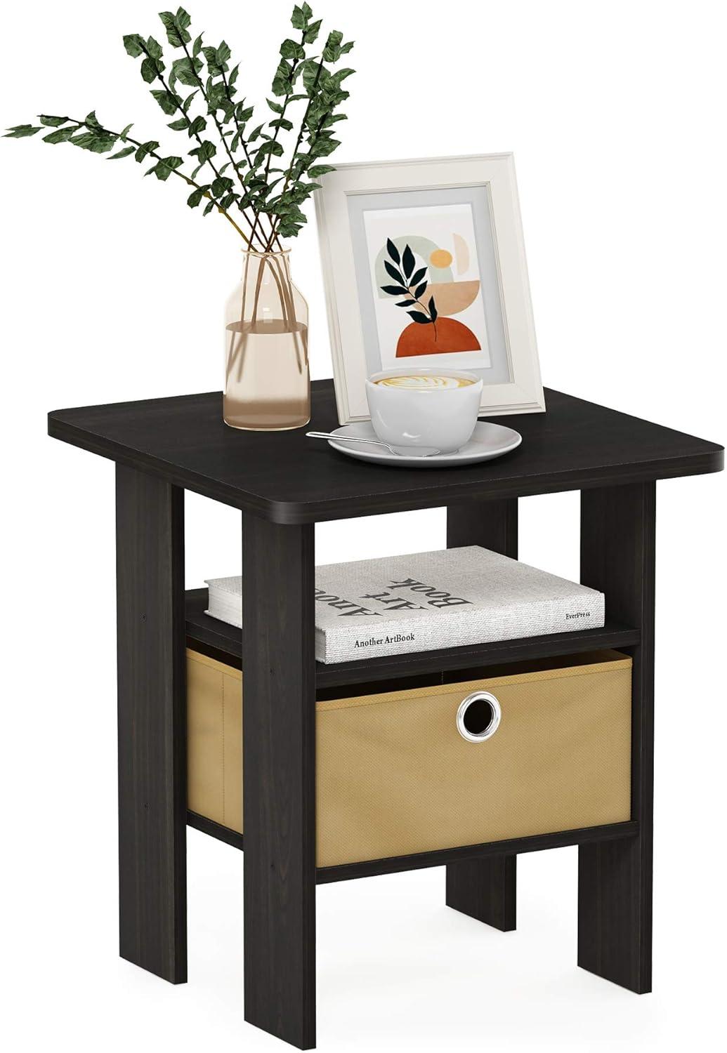 Furinno Andrey Engineered Wood End Table with Bin Drawer in Espresso/Brown