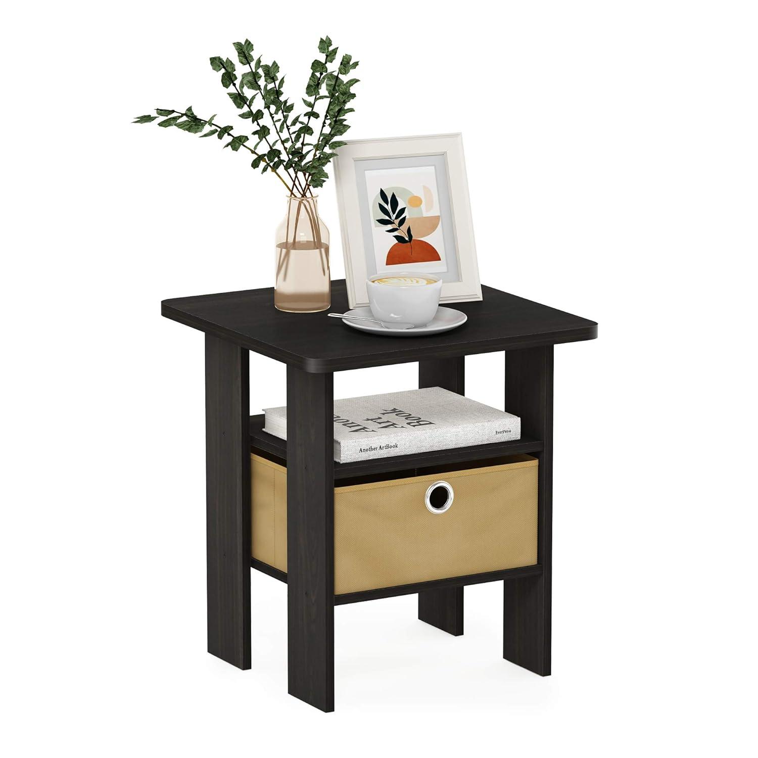 Furinno Andrey Engineered Wood End Table with Bin Drawer in Espresso/Brown