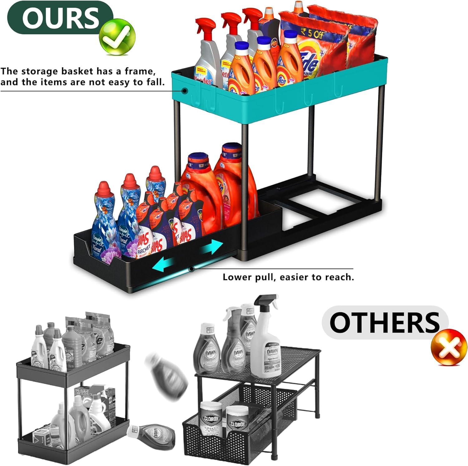 Kisportee 2 Pack Under Sink Organizer, 2 Tier Sliding Under Bathroom Cabinet Organizer with 10 Hooks and 4 Hanging Cups, Multi-Purpose Kitchen Counter Shelf, Black