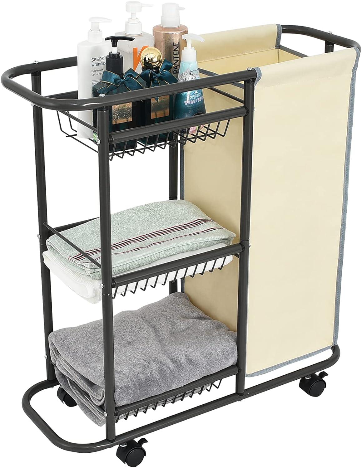 Gray Metal Frame Laundry Sorter with Beige Bag and Shelves