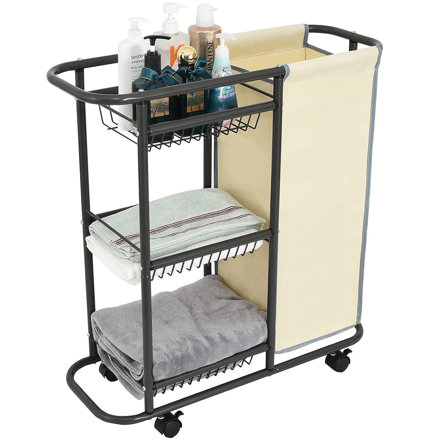 Laundry Sorter Cart Movable Bathroom Organizer Gray Laundry Storage Baskets with Heavy Duty Rolling Wheels 3-Tier Storage Shelves with 1 Bag for Clothes