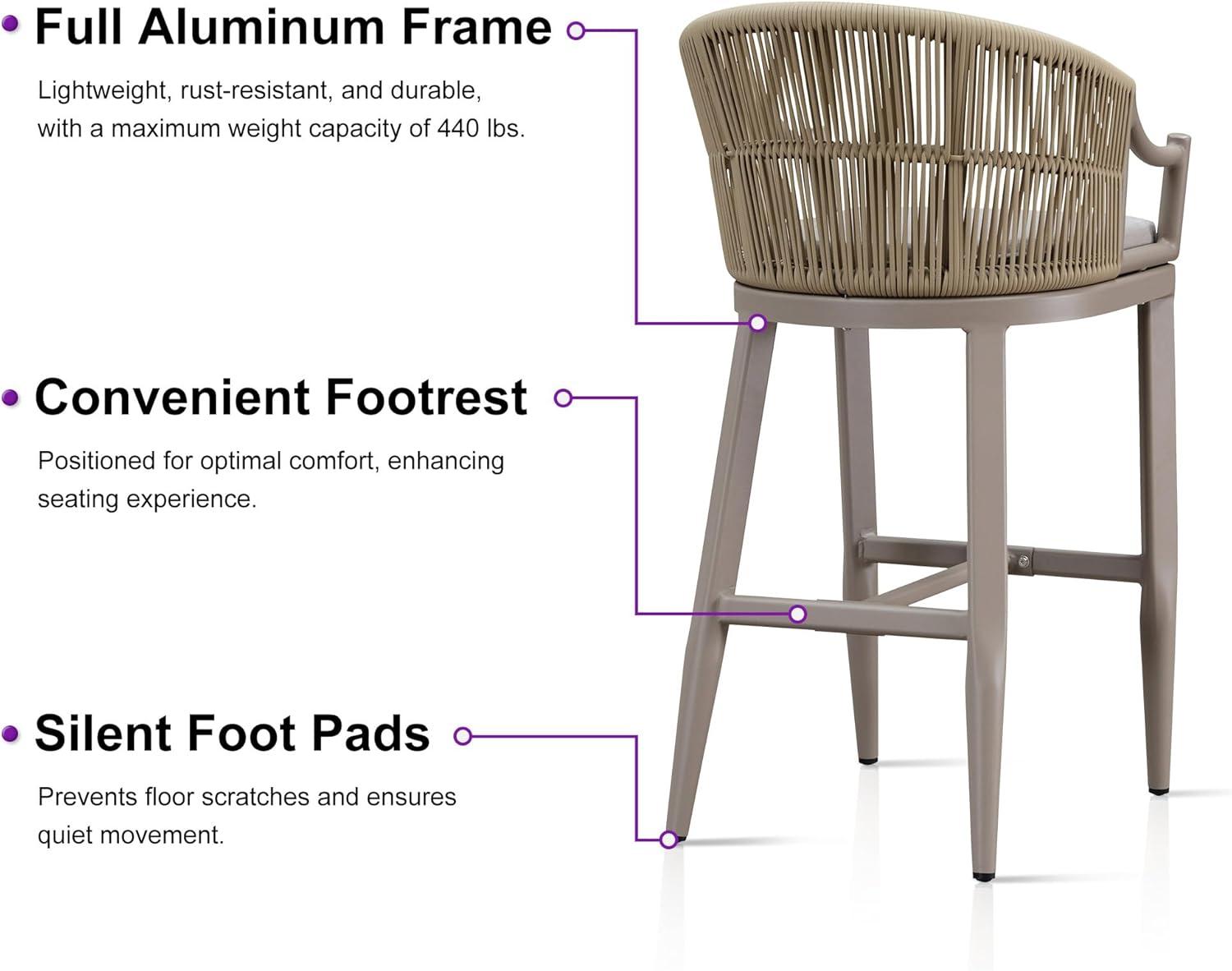 PURPLE LEAF Counter Height Bar Stools Set of 2 Patio Rattan Bar Stool Chairs Outdoor Modern Boho Barstools with Backs and Ergonomic Armrest for Balcony Garden Indoor Kitchen Island, Champagne
