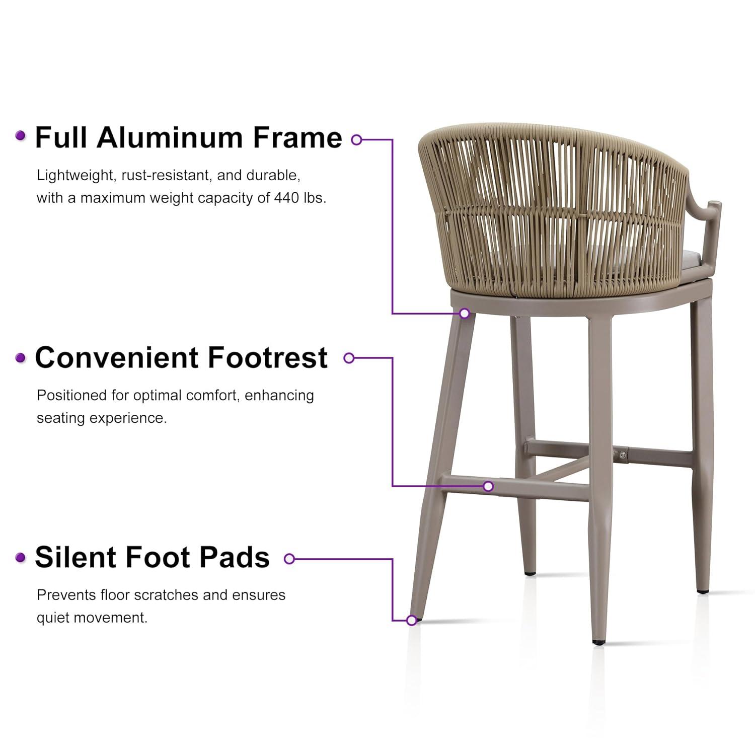 PURPLE LEAF Counter Height Bar Stools Set of 2 Patio Rattan Bar Stool Chairs Outdoor Modern Boho Barstools with Backs and Ergonomic Armrest for Balcony Garden Indoor Kitchen Island, Champagne