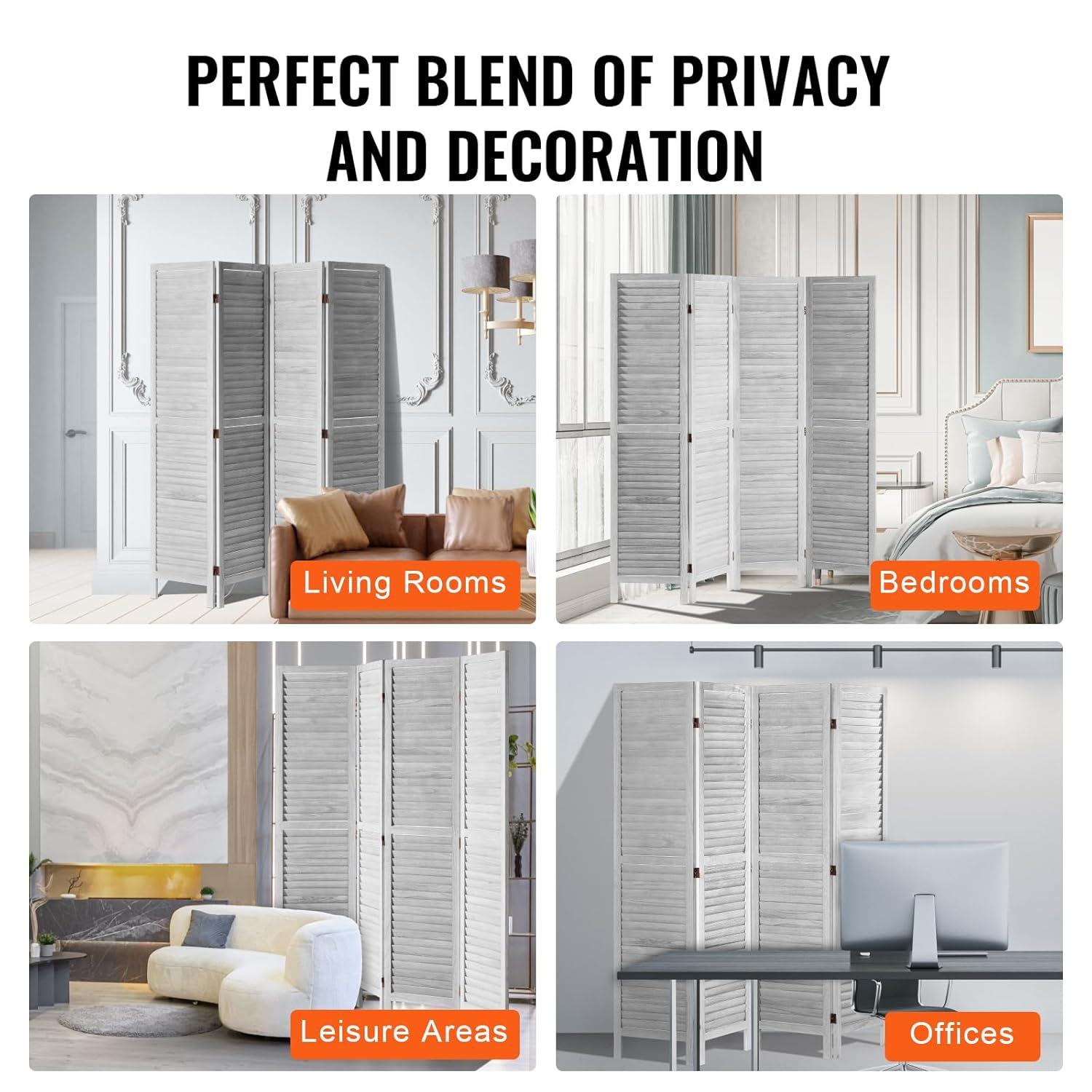 Wood Room Divider, 8 Panel Wood Folding Privacy Screen, 66.9 in. Tall Indoor Louvered Wooden Partition, Portable