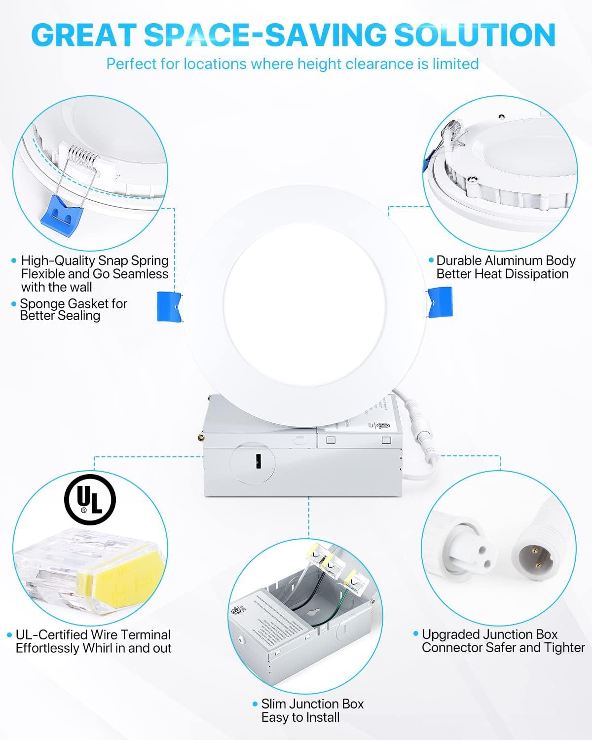 Ensenior 12 Pack 6 Inch Ultra-Thin LED Recessed Ceiling Light with Junction Box, 5000K Daylight, 12W 110W Eqv, Dimmable Can-Killer Downlight, 1050LM High Brightness - ETL and Energy Star Certified