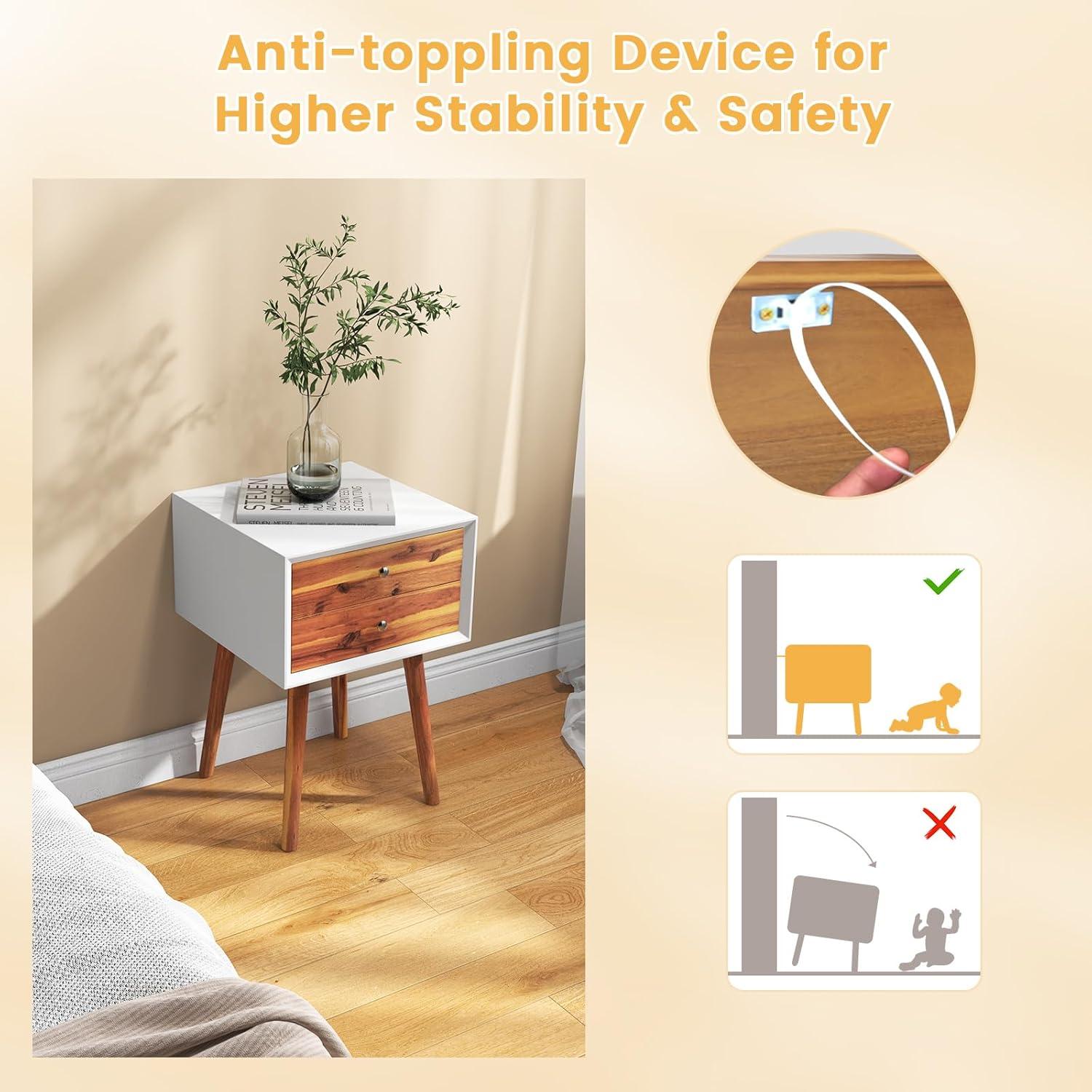 Giantex Mid Century Modern Nightstand, Wooden Bedside Tables w/ 2 Storage Drawers & Solid Wood Legs, Practical End Side Table for Living Room Bedroom, White & Walnut